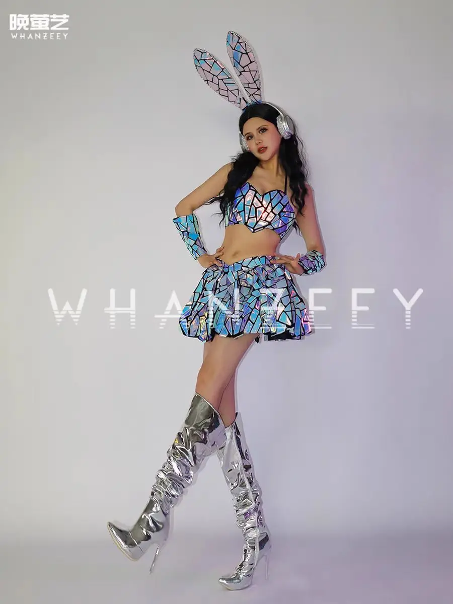 Nightclub Bar DJ Female Singer Performance Clothing Colorful Laser Lens Rabbit Ear Split Set Dance Team Party Theme Show