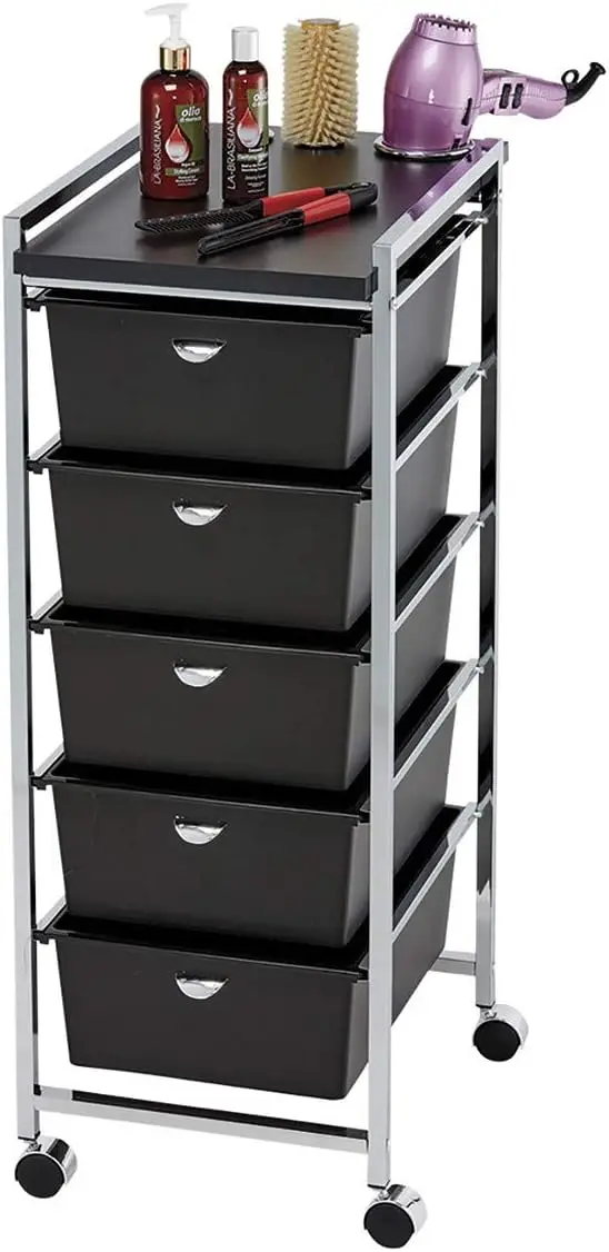 5 Tier Cart Professional Utility Cart/Styling Station on Wheels with Black Top, Metal Appliance , 5 Removable Storage Drawers