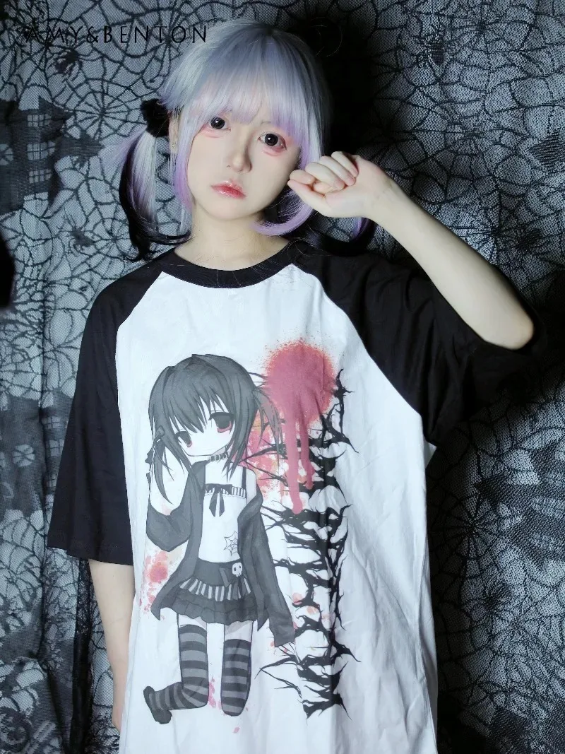 

Subculture Two-Dimensional Cartoon Print Spliced Color Short Sleeve T-Shirt Punk Style Gothic Oversized T Shirt Summer Y2k Top