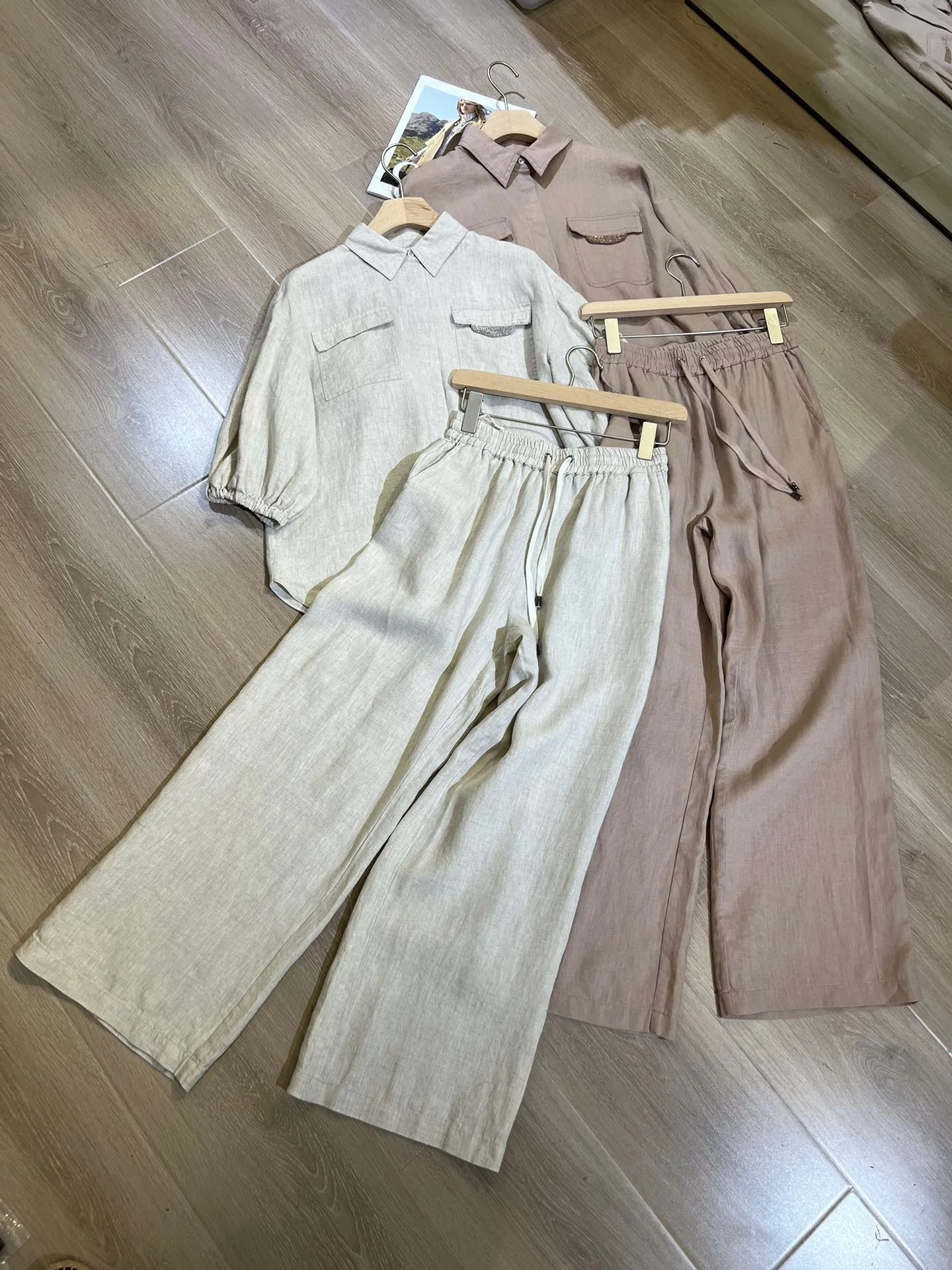 Casual summer exquisitely decorated set of clothes made of linen