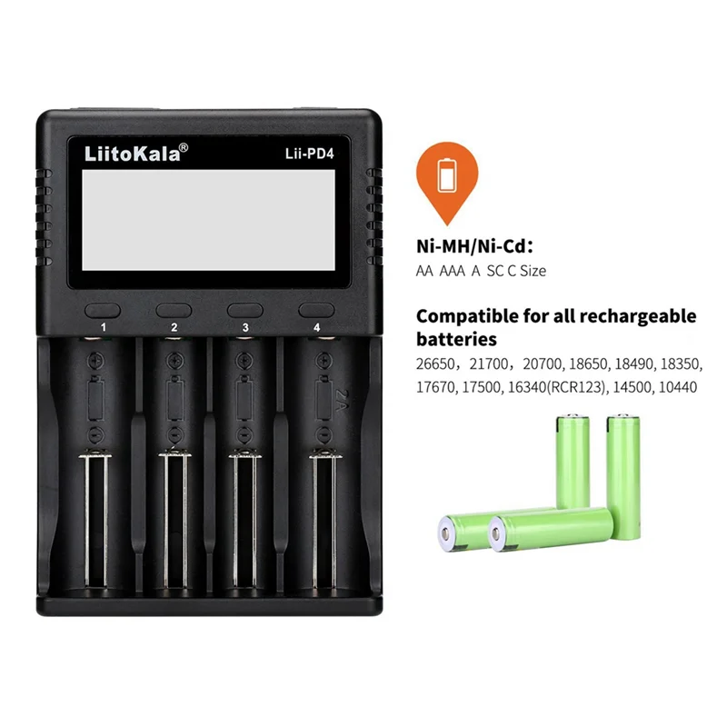

ABFM-Liitokala Lii-PD4 18650 26650 21700 Зарядное устройство с 4 слотами для литий-ионного аккумулятора и ЖК-дисплея для Li-/Ni-MH/Lifepo4