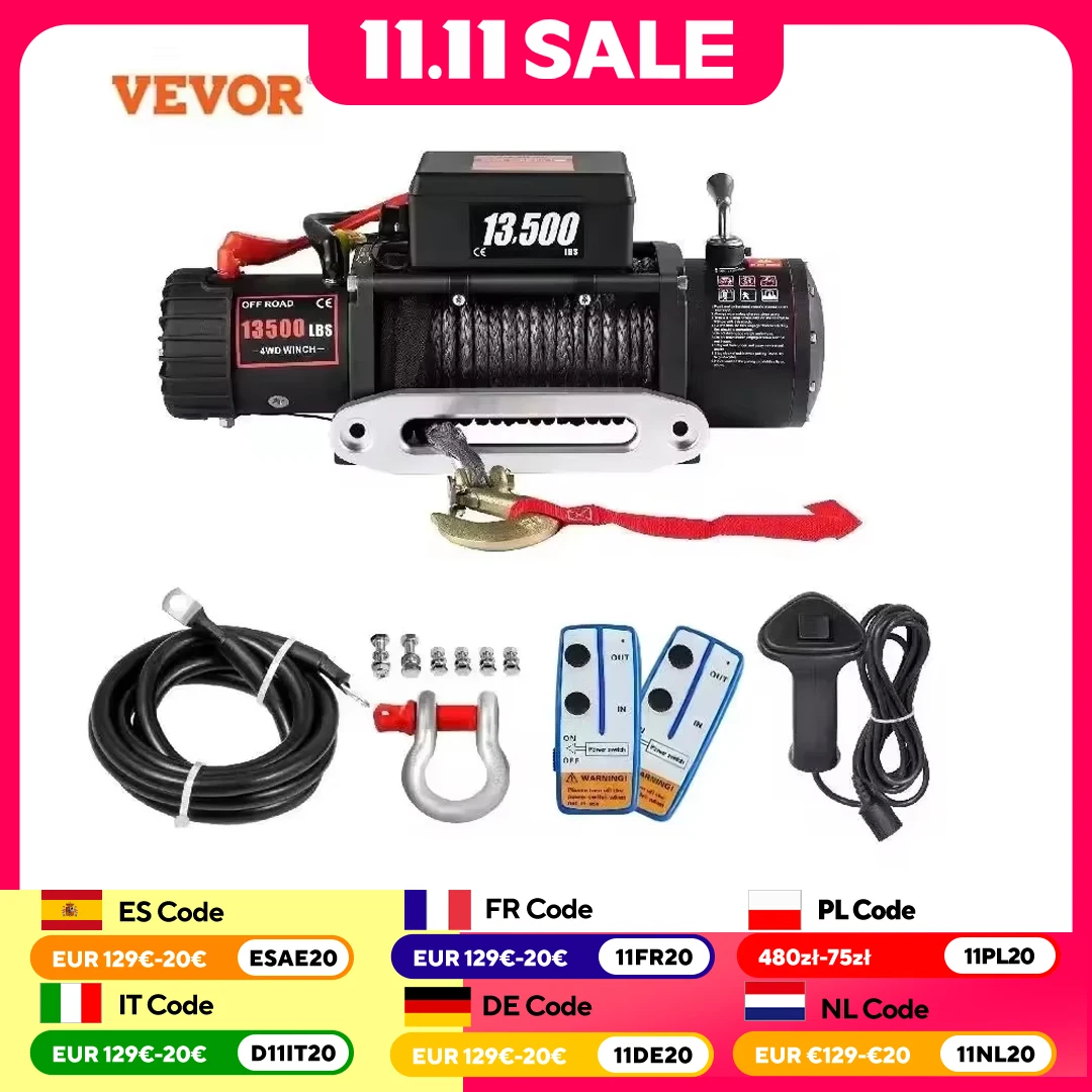 VEVOR 12 فولت 13500 رطل ونش كهربائي 27 متر/92FT الاصطناعية حبل للسحب رفع Treuils رافعة ل 4X4 مقطورة سيارة ATV شاحنة قبالة الطريق قارب