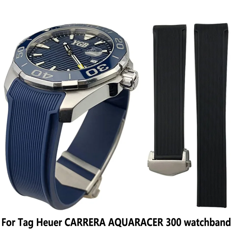 Silicone Rubber Watch Strap Fit for Tag Heuer CARRERA AQUARACER 300 WAY201A WAY211C Black Blue Watch Accessories Men's 22mm