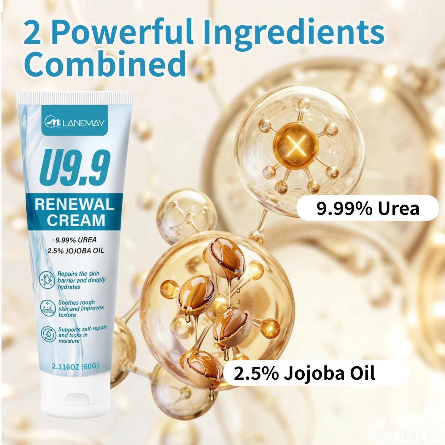 U9.9 Renewal Cream with 9.99% Urea & 2.5% Jojoba Oil – Deeply Hydrating Skin Barrier Repair Moisturizer for Dry, Rough Skin.