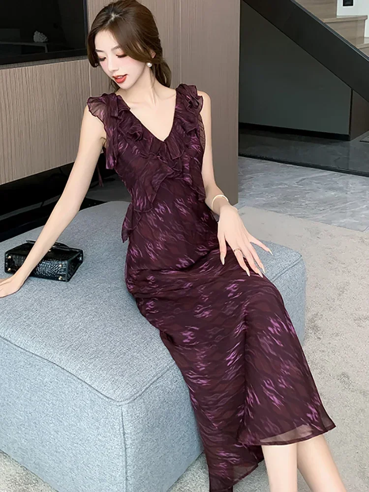 2025 الكورية أنيقة Bodycon فستان المرأة الأرجواني طباعة الشيفون تكدرت الخامس الرقبة الرافعة فستان مثير الصيف موضة فستان مناسبات غير رسمية