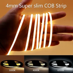 Super fino COB LED Strip para iluminação de decoração, Soft flexível barra de luz, quente e frio branco, 480LEDs por m, 4mm, 12V, 24V, 2700K, 3000K, 4000K, 6500K