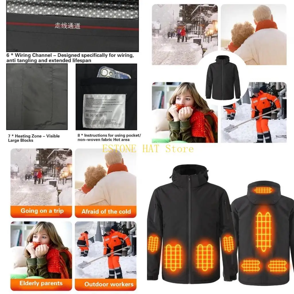 49MF vestes chauffantes isolées avec capuche unisexe 3 contrôles température vêtements d'extérieur chauffants électriques