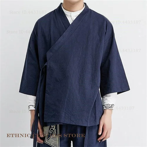 Cárdigan tipo kimono de talla grande para hombre, chaqueta de algodón y lino japonés Yukata Haori, abrigo Hanfu holgado con frente abierto, disfraz de samurái, ropa de calle