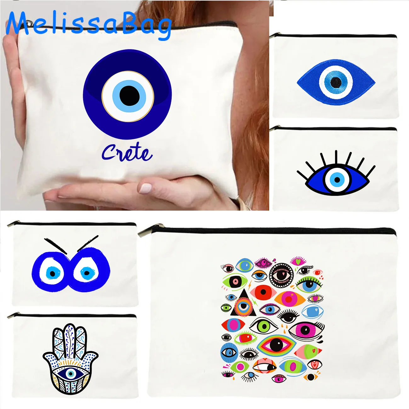 Blue Evil Eye Good Luck Hamsa Hand Colorful Mandala CRETE GREECE Cute Gifts Canvas Cosmetic Makeup Bag Pencil Case Zipper Pouch