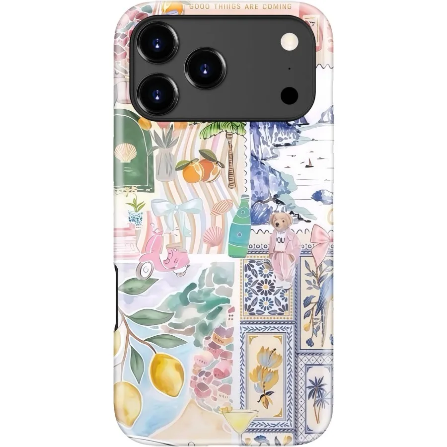 

Cute Aesthetic Protective Phone Case for Women with Coquette Italian Summer Collage Coastal Design - Wireless Charging Compatib