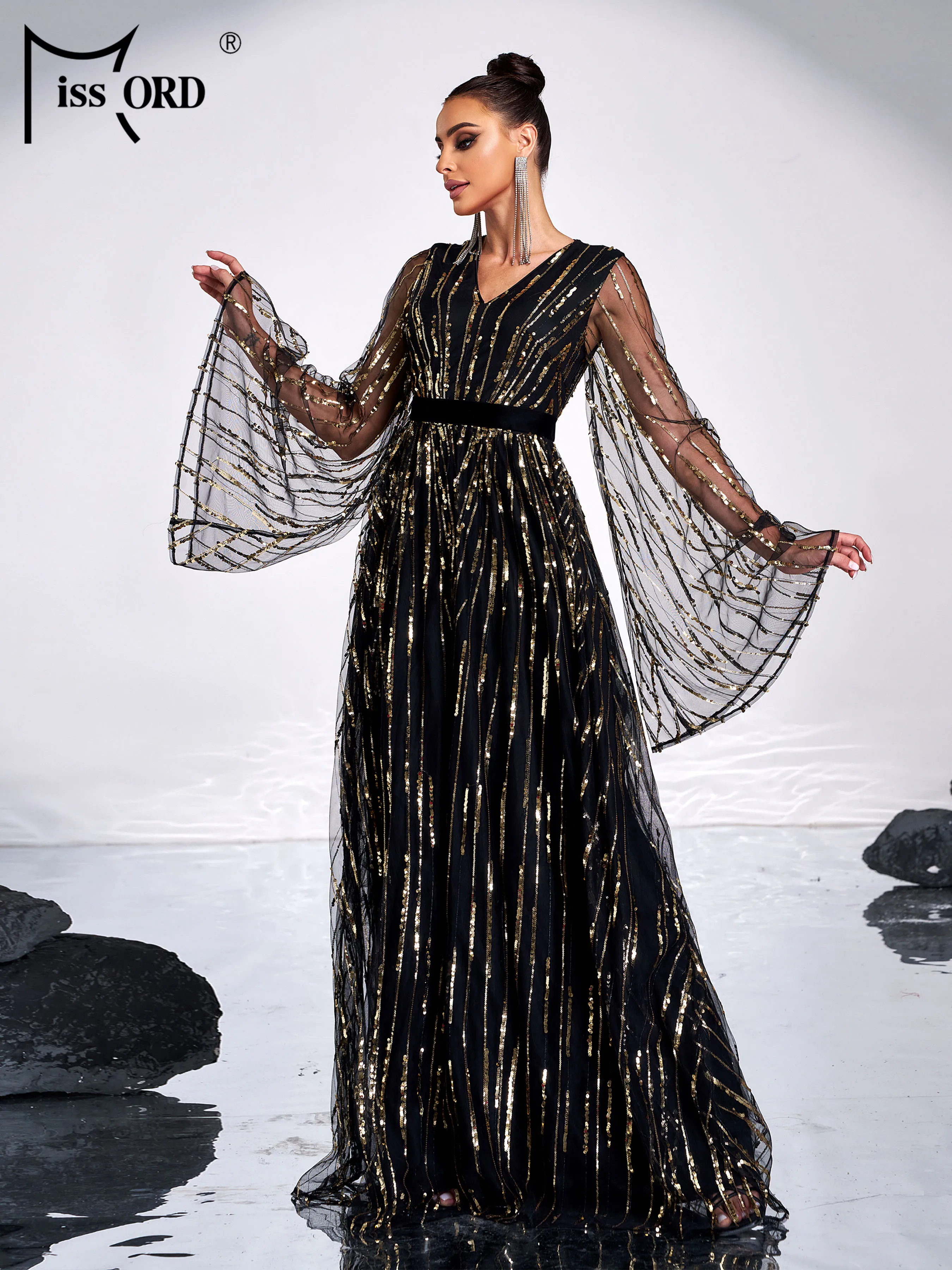 Missord New Black Church Dress V Neck Flare Sleeve A Line Sequin Evening Gown Wedding Birthday Party Formal Occasion Dresses