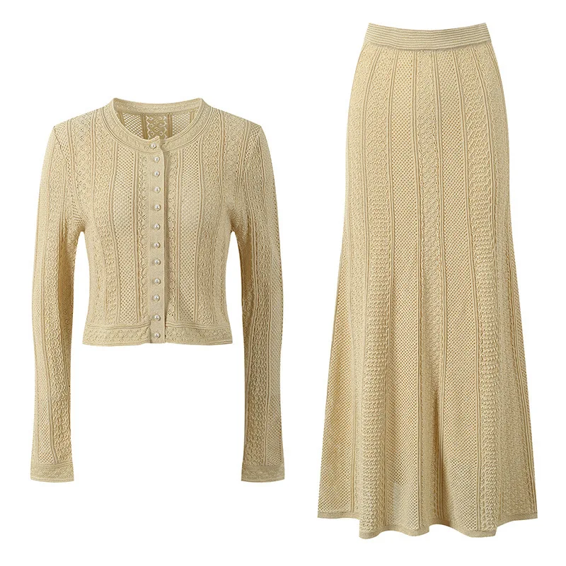 CHUJIE 2025 Ensemble de style français printemps/été – Cardigan et jupe mi-longue en tricot de dentelle, tenue élégante en mélange de viscose et de nylon