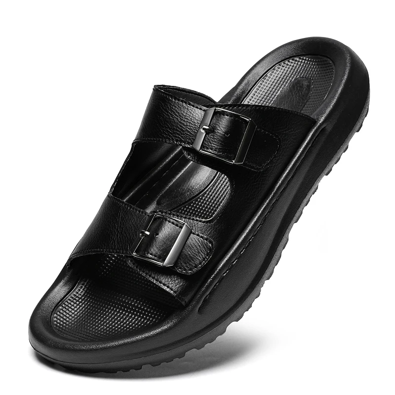 Mens Slip On Sandals Leather Slippers With Double Buckle Soft Comfort Summer Slide Slipper Casual Shoes Thick Soles 3cm