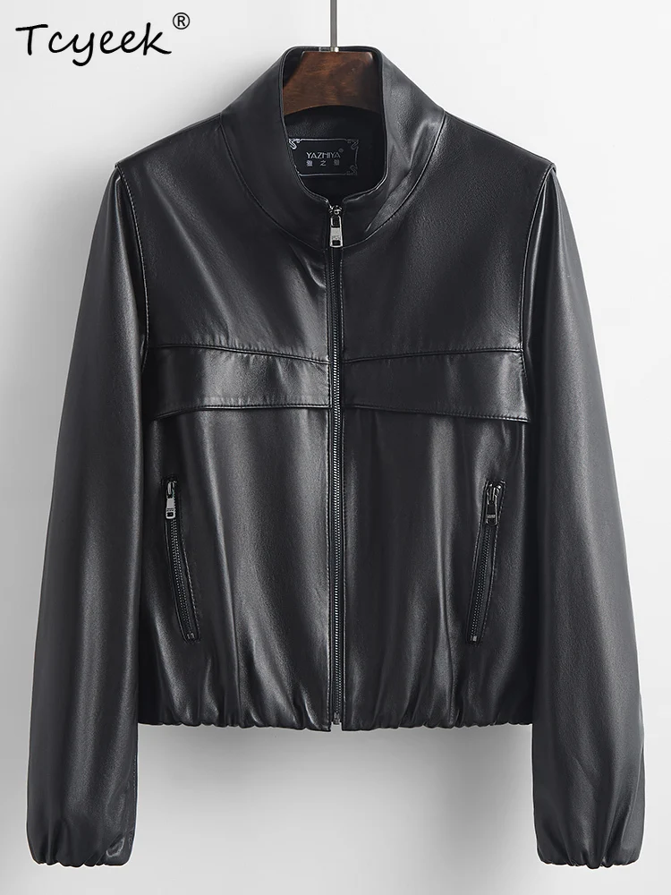 سترة جلدية للنساء من جلد الغنم من Tcyeek للربيع والخريف بياقة واقفة سترة جلدية قصيرة سوداء بأكمام طويلة Chaqueta Cuero Mujer