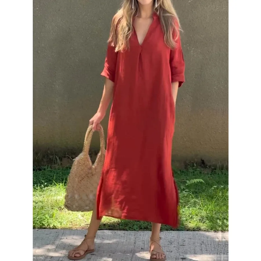

【New style】 Independence European and American women's summer hit models with slits on both sides V-neck 7 quarter sleeves ple