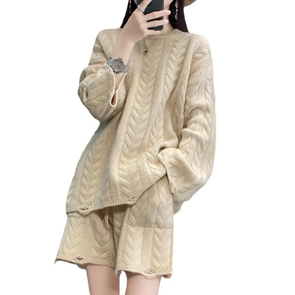 

Women's Lazy Style Cashmere Warm Waxy Twist Knitted Two-Piece Set Japanese Korean Trumpet Sleeve Sweater for Autumn Winter