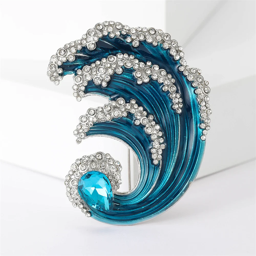 Korean Creative Fantasy Sea Wave Lapel Brooches for Women Crystal Blue Ocean Badge Party Accessorie Luxury Jewelry Pins For Suit