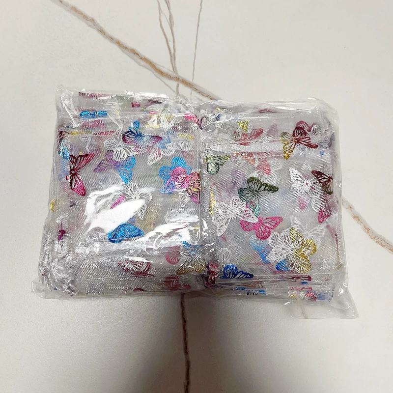 100-1000pcs Colorful Silver Butterfly White Organza Bag Drawstring Pouches For Wedding Christmas Jewelry Display Packaging Bags