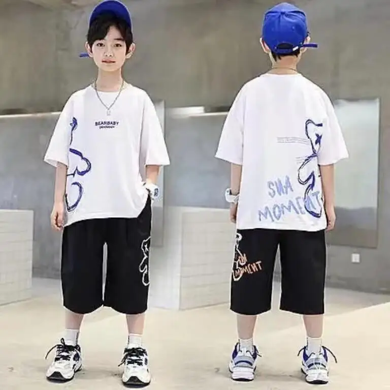 2024 summer Teenager Boys Clothes Casual Outfit Kids Tracksuit Children set bear loose t shirt + shorts hot pant 4 5 6 7 12 Year