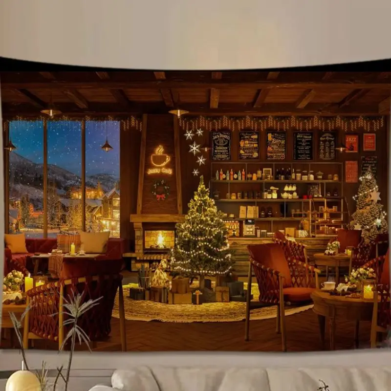 VIKAMA Wall Tapestry Christmas Coffee Shop Interior Round Window Snowy Tree Cafe Winter Holiday Wall Hanging Home Decor Living