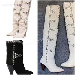 Cone Low Heel Studded Totem Suede Boot Women Fashion Black White Knee High Ankle Booties Silver Beaded Street Style Catwalk Shoe