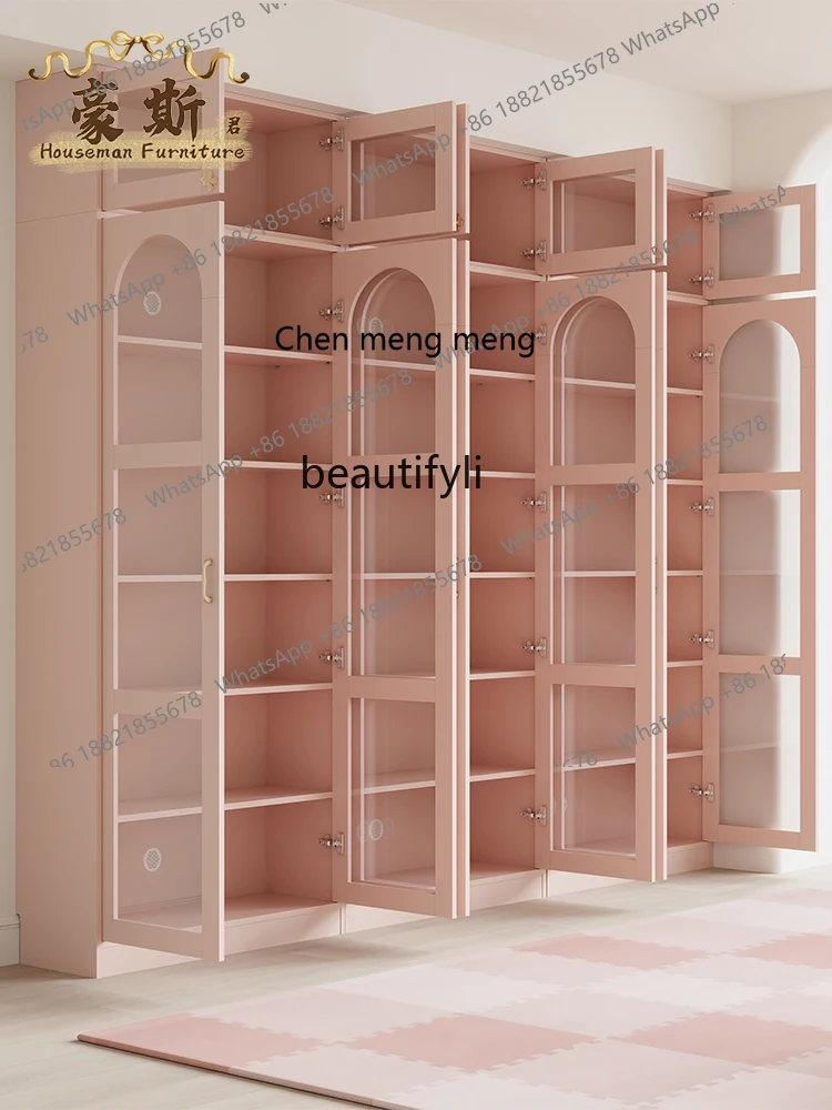 X  Pink bookcase, full wall display cabinet, figure glass cabinet to top background wall, decorative cabinet.