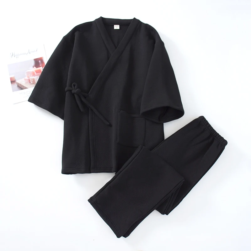 남성용 일본 기모노 유카타 잠옷 세트 에어 레이어 두꺼운 바지 투피스 슈트 유카타 피자마 가운 슈트 플러스 사이즈