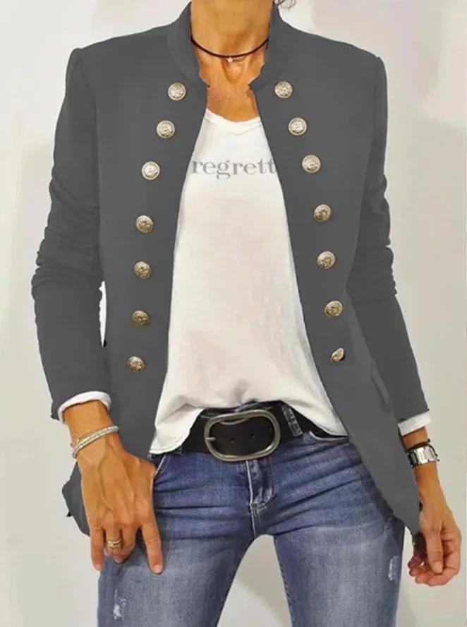 Fall 2023 solid black gray green/navy blue jacket Women long sleeve stand collar button decoration open stitch coat