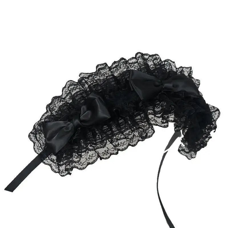 

652F Women Lace Ribbon Headbands Gothic Bows Rosette Headwear Flouncing Photo Props