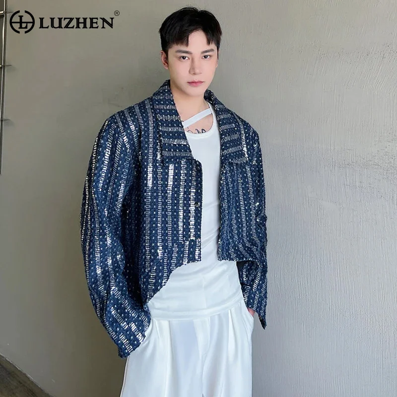 LUZHEN Denim Sequin Jacket Men\'s Short Coat Top 2024 Male Cardigan Fashion Long Sleeve Lapel Temperament Luxury Outerwear 87bf4e