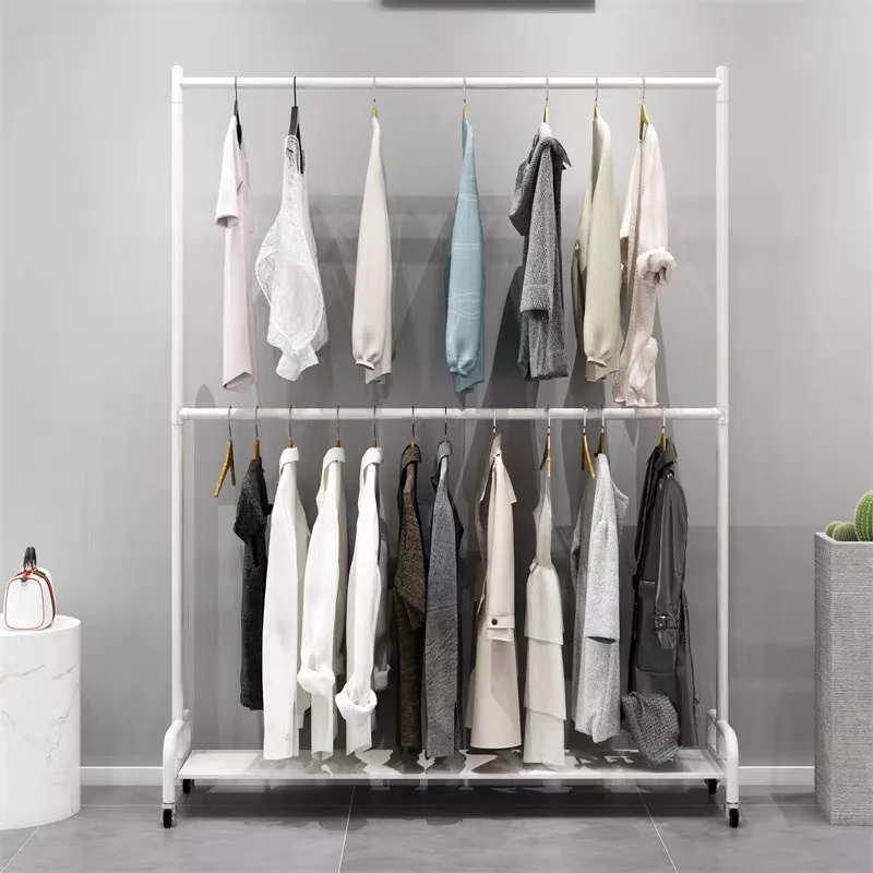 Double-layer clothing display rack men's and women's clothing store floor-to-ceiling hanger can be adjusted