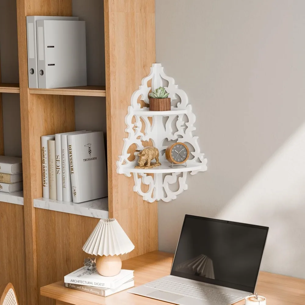 Prateleiras de parede de canto branco vintage de 2 camadas, prateleiras suspensas de design recortado para parede, prateleira de exibição redonda de madeira, dec caprichoso