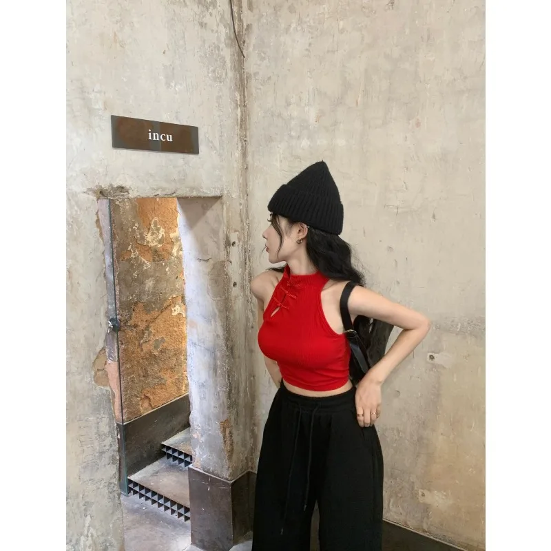 

2025 Summer Women Vintage Chinese Button White Tank Top Halter Tops O-Neck Cute Y2k Crop Tops Off Shoulder Tops for Girls