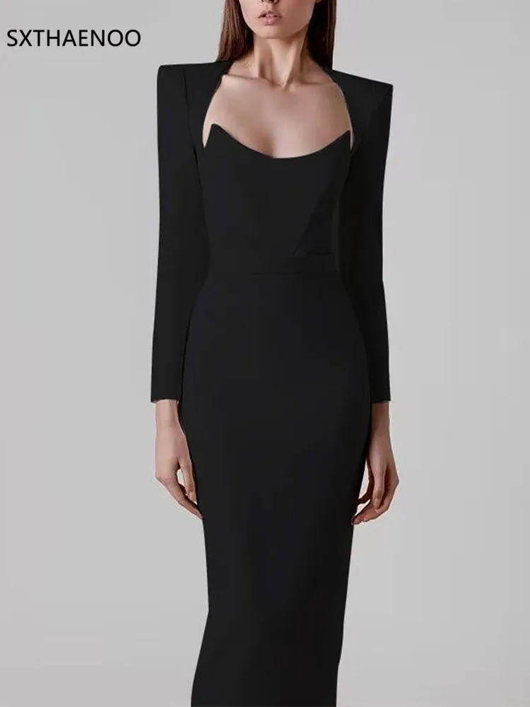 SXTHAENOO Frauen Winter Sexy Langarm V-ausschnitt Rosa Schwarz Weiß Midi Verband Kleid 2025, Elegante Abend Club Party Kleid