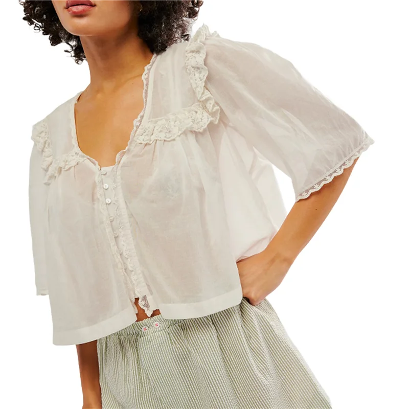 

Women Y2K See Through Peplum Shirt Ruffle Lace Trim Buttons Tops Short Sleeve Doll Collar Babydoll Blouse-A55G