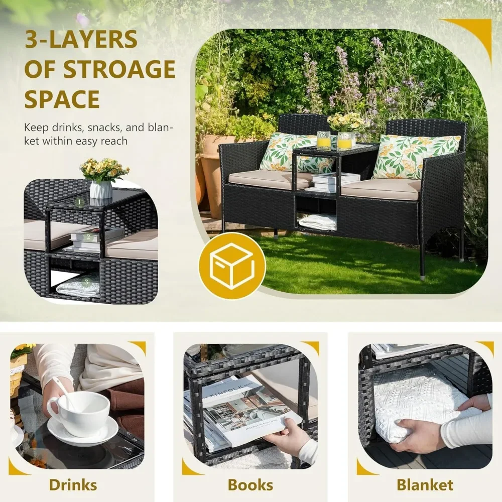 Mobília ao ar livre pátio loveseat vime 2 lugares com mesa embutida e almofadas rattan varanda cadeiras banco para varanda, gramado bege