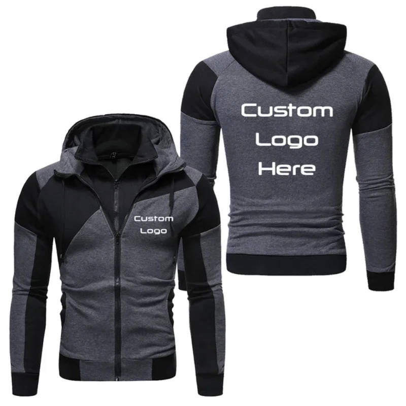 New Men's Custom Logo Hoodies Fashion Double Zipper Patchwork Long Sleeve Jacket Hip Hop Harajuku Clothing Custom Your Logo