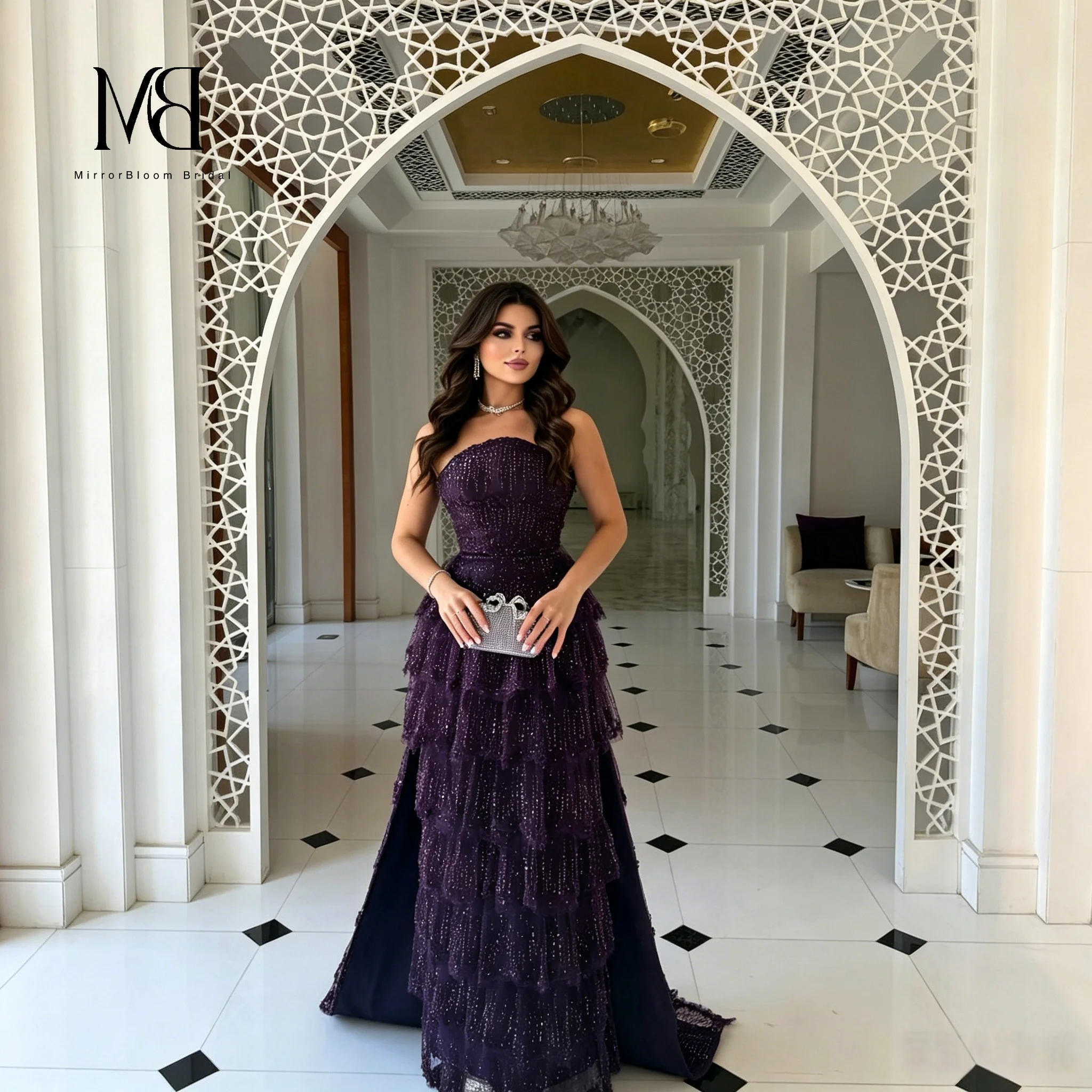 

Elegant Purple Strapless Sleeveless Ball Gown Floor-Length Formal Evening & Prom Dress with Sequin-Embellished Lace Hem