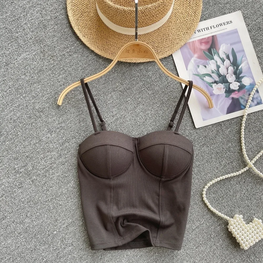 Femmes Chic solide Camis mince Corset débardeur basique Sexy mode coréenne épaules nues été femmes haut court