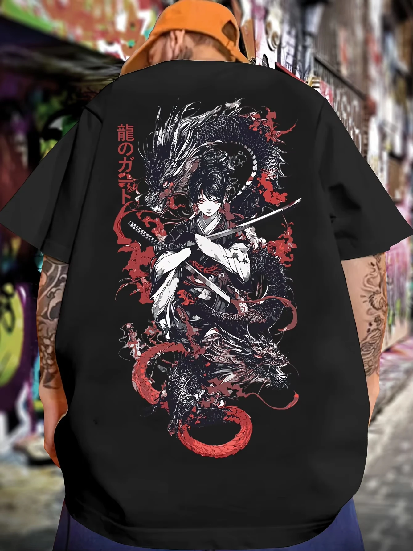 2026 Summer Anime Character Black Dragon Letter Combination Pattern Print Trend T-shirt Casual Street Pure Cotton Men's T-shirt