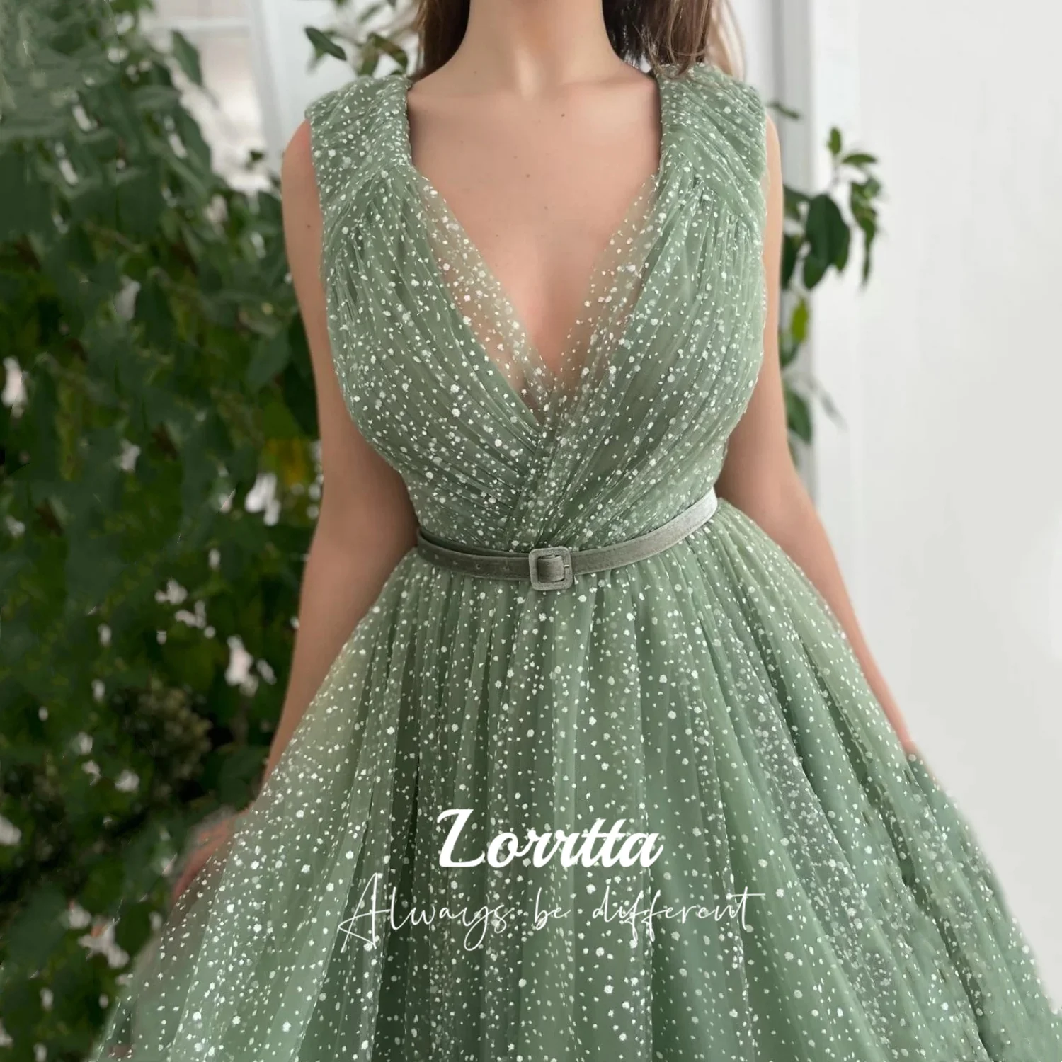 

Lorrtta Green Formal Prom Dresses Dot V-Neck A-Line Cap Sleeves Belt Evening Dress Dubia Occasional Party Gowns Customized