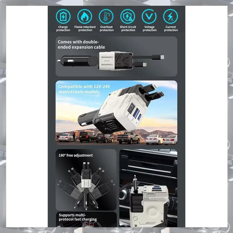 حار بيع-4 في 1 قابل للسحب سيارة شاحن سريع USB نوع C كابل آيفون هواوي سامسونج الحبل ولاعة السجائر محول D QC3.