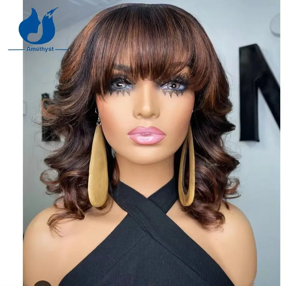 

Amethyst Chocolate Brown Highlight Human Hair Wig With Bangs Scalp Top Ful Machine Made Wig Short Bob Remy Brazilian Hair Wavy