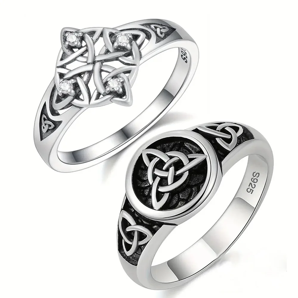 

Vintage Thai Silver Celtic Knot Trinity Ring European and American Witch Celtic Amulet Diamond Ring