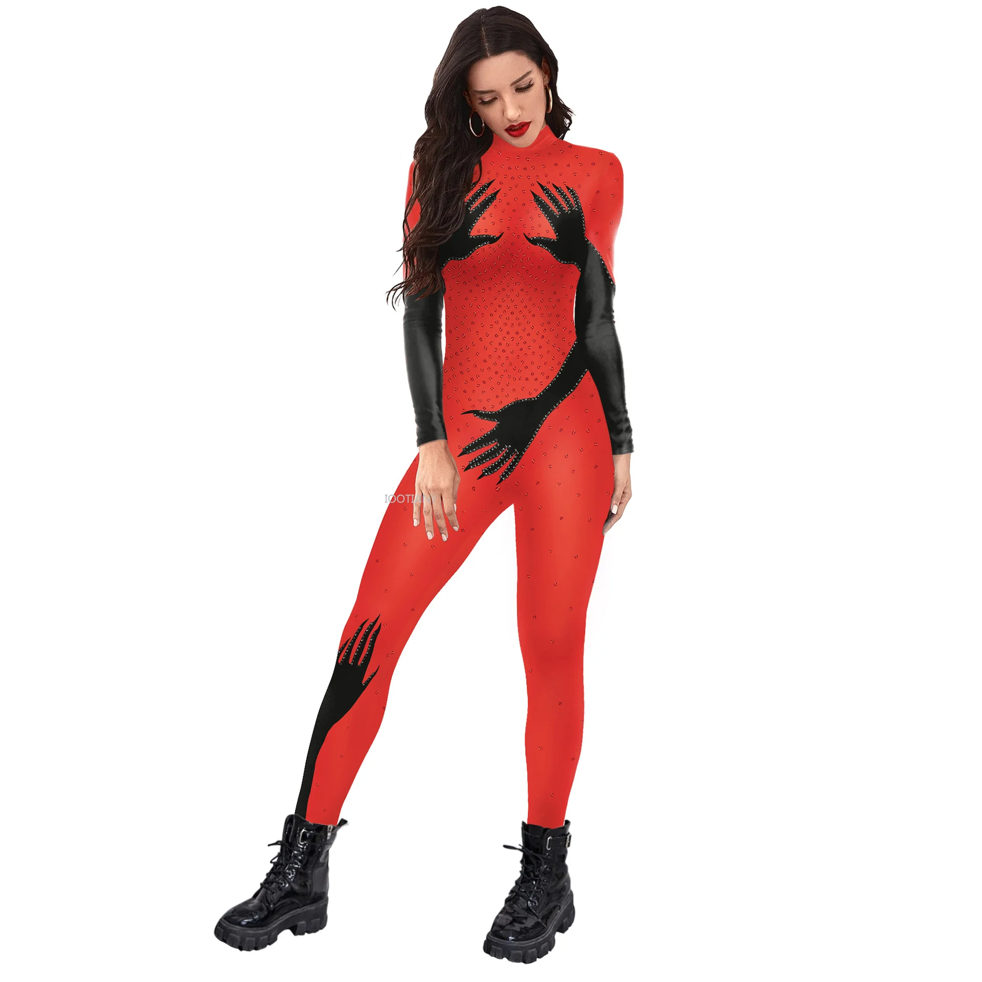 

J 2025 Women Sexy Stage Luxurious Rhinestones Jumpsuit Gloves Polka Dot Digital Print Bodysuit Pole Dancer Performance Costume