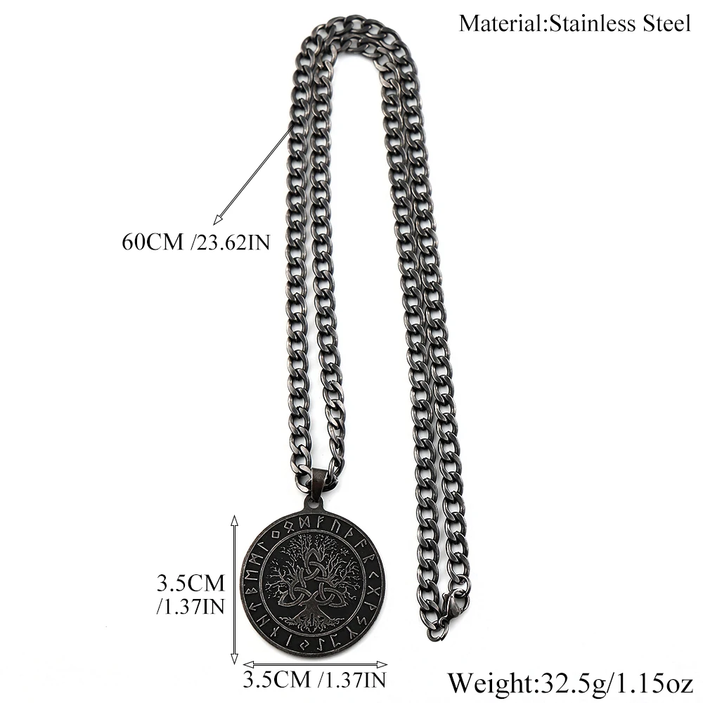 Viking Odin Norse Amulet Rune Trinity Celtic Knot Pendant Necklace Stainless Steel Gun Black Tree of Life Antique Chain Jewelry