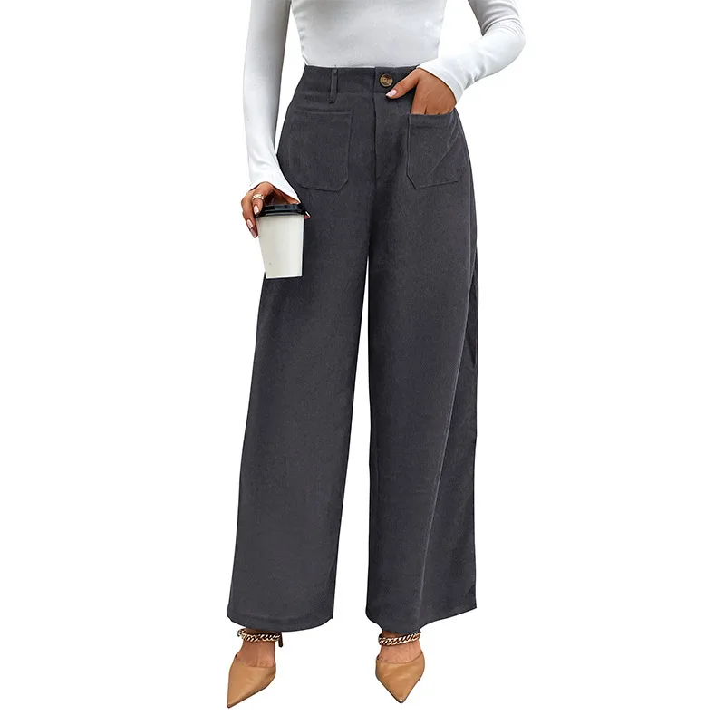 

Women Autumn Winter Loose Straight Casual Pants Office Lady Commute High Waist Wide-Leg Pants Corduroy Button Fly Ankle Trousers