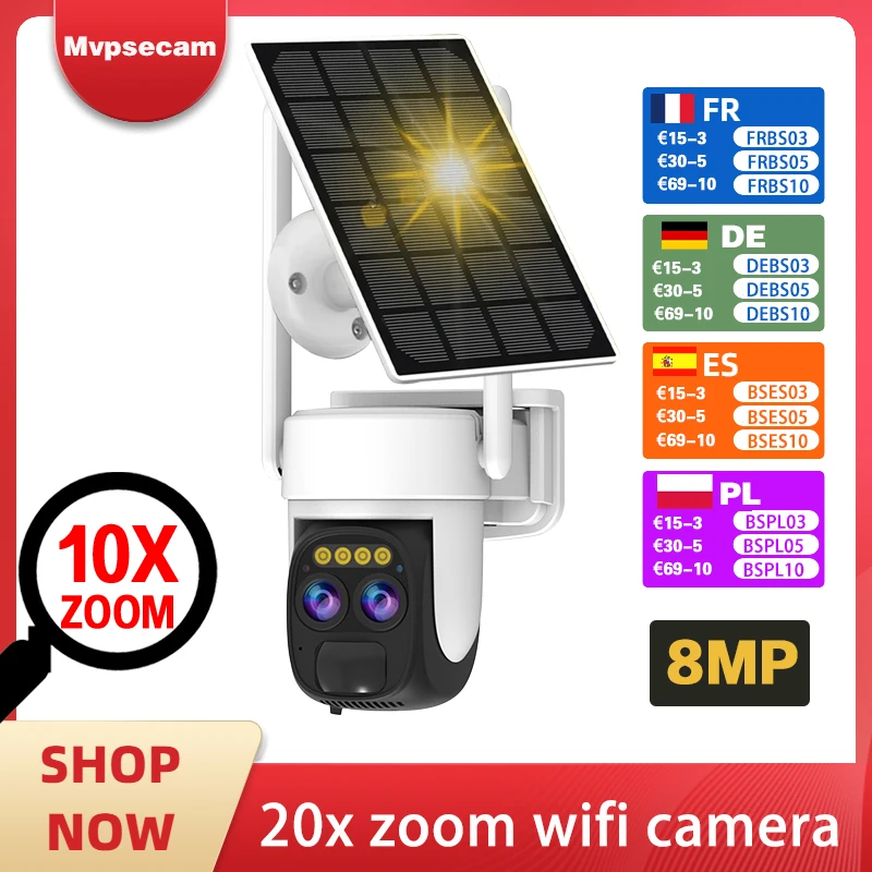 

4K 8MP Dual Lens WIFI Solar Camera Outdoor 10X Optical Zoom Two-way Audio Color Night Vision Bulit-in Battery Security Camera