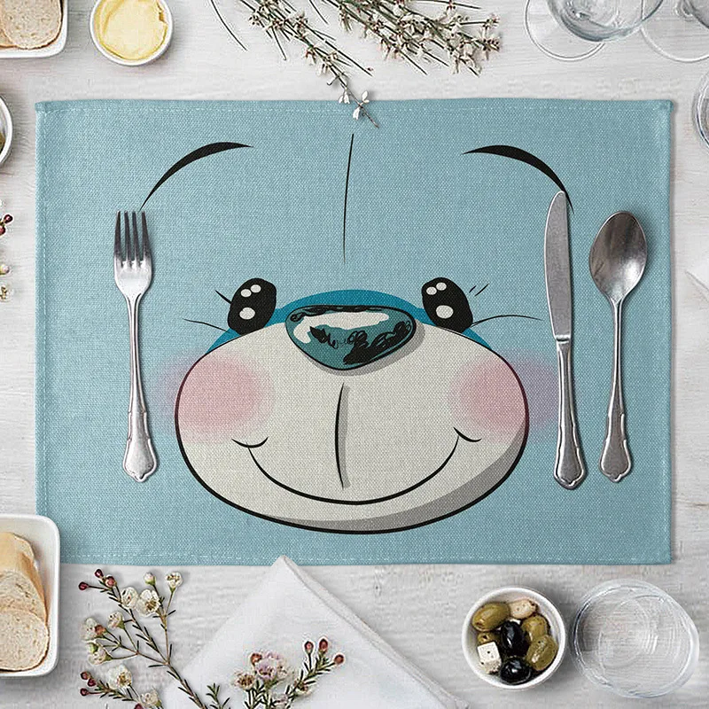 Cute Animal Linen Table Mat Cartoon Pig Bear Frog Fox Pattern Placemats For Children Kids Kitchen Dining Place Mats