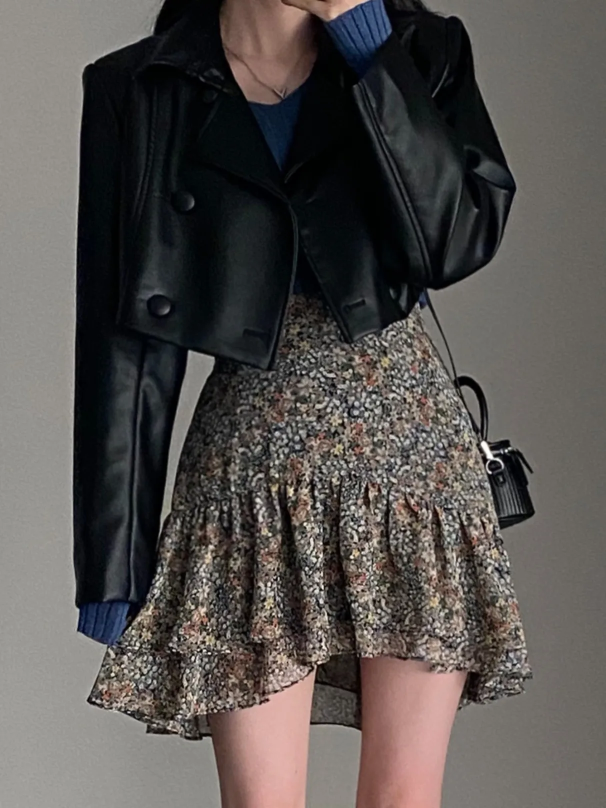 Chic ort PU cuero Jaet mujer Biker Sle abrigo doble fila botones cuello Patchwork otoño Faion señoras prendas de punto